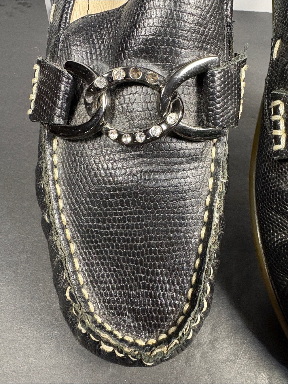asgi Black Lizard Embossed Leather Driving Loafers with Silver Rhinestone Detail - Picture 8 of 9